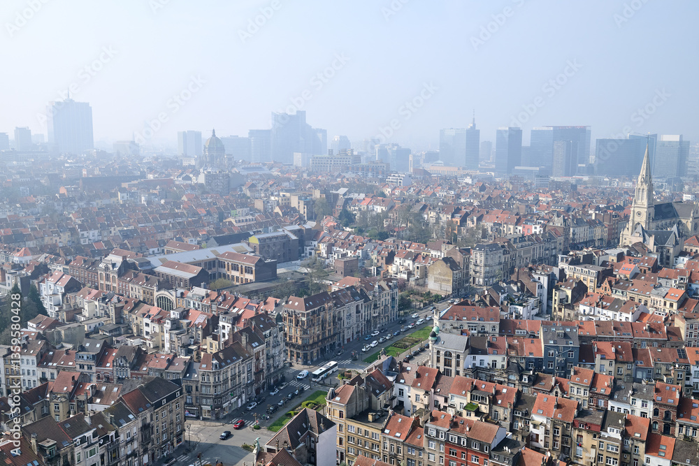 Aerial view on the north of Brussels on a misty day