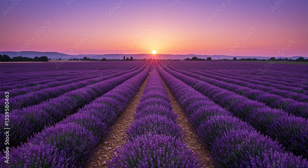 Serene Sunset over Rows of Lavender in a Purple Field at Dusk Serene Sunset over Rows of Lavender in a Purple Field at Dusk