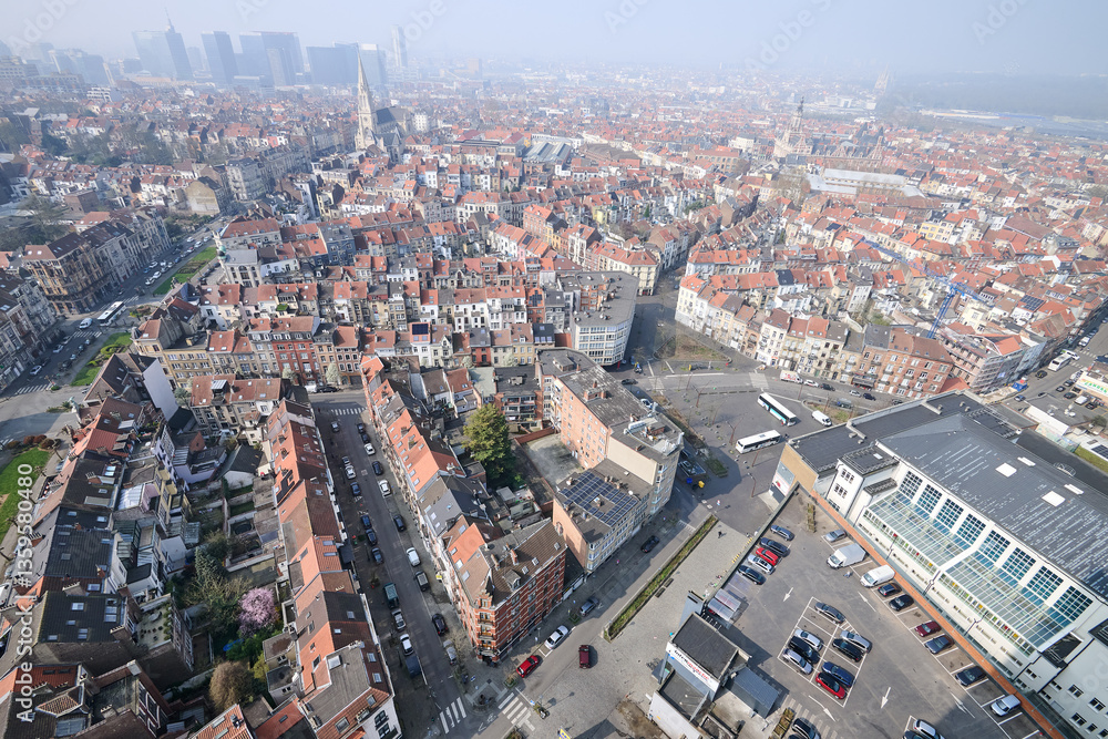 Aerial view on the north of Brussels on a misty day