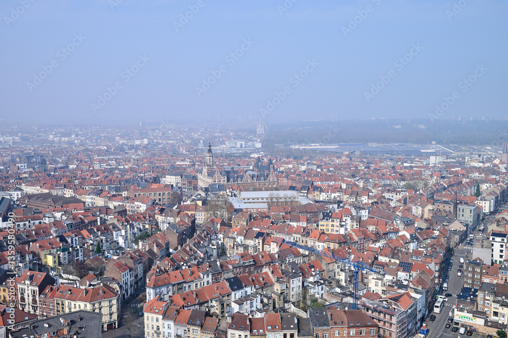 Aerial view on the north of Brussels on a misty day