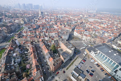 Aerial view on the north of Brussels on a misty day