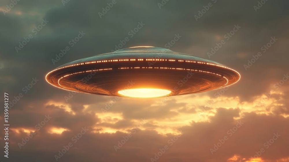an unidentified flying object hovers mysteriously amidst an ethereal sunset sky an unidentified flying object hovers mysteriously amidst an ethereal sunset sky