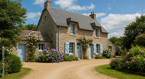 Charming Stone Cottage with Blue Shutters Gravel Driveway Lush Garden Sunny Day