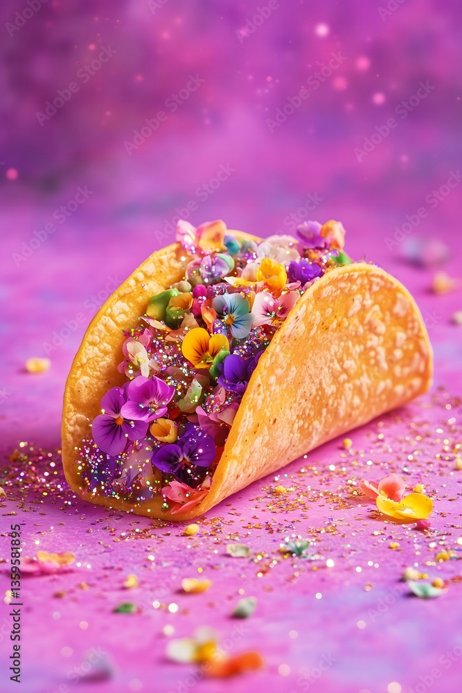 Taco filled with flowers and glitter, on a pastel purple background souranded by flowers and glitter. Food, aesthetic, Spring concept.