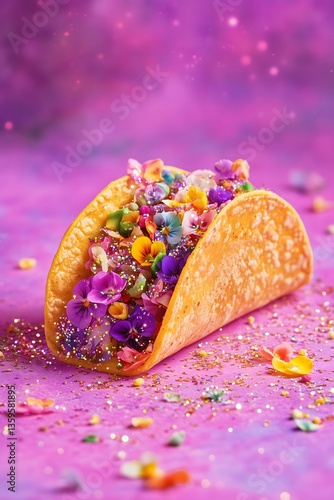 Obraz na płótnie Taco filled with flowers and glitter, on a pastel purple background souranded by flowers and glitter. Food, aesthetic, Spring concept. w salonie