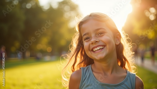 Joyful young girl laughing brightly outdoors in sunny park with copy space.