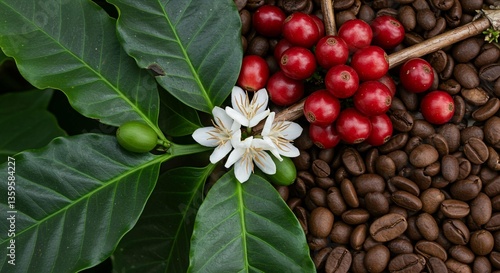 Coffee Plant Life Cycle Blossom Cherries and Roasted Beans Close Up