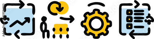 Illustration of kitchen utensil sets and tools with business and web concept icons