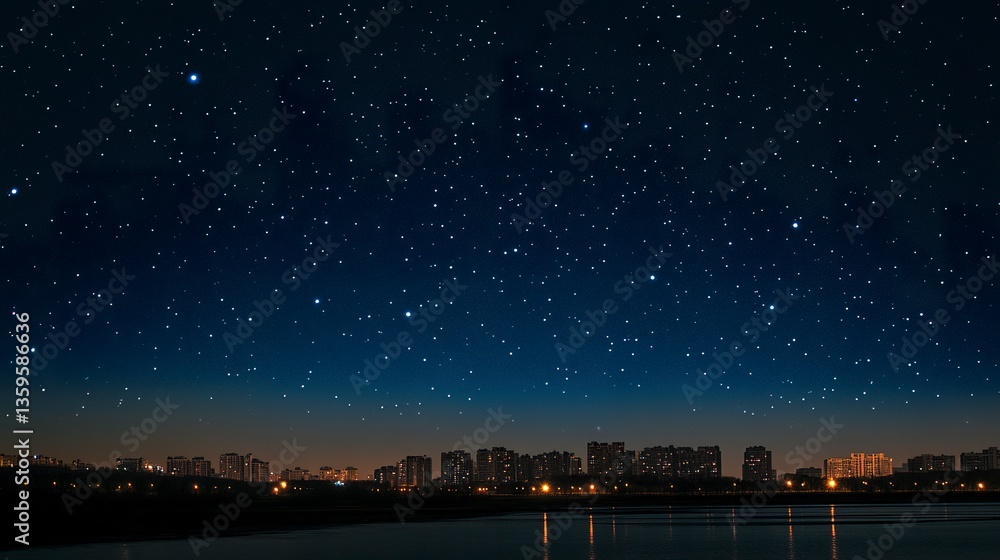 Stars glittering over an illuminated city skyline, skyscrapers glowing softly, celestial spectacle blending with modern urbanity, clear night sky Stars glittering over an illuminated city skyline, skyscrapers glowing softly, celestial spectacle blending with modern urbanity, clear night sky