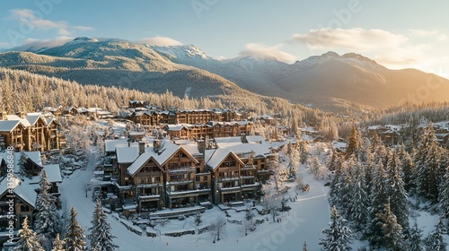 Wallpaper Mural Stunning alpine landscape at Whistler, British Columbia, cozy lodges nestled among snowy mountains, soft sunlight glinting off peaks, elevated panoramic shot.   Torontodigital.ca
