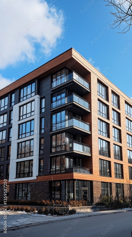 Obraz premium A striking urban structure rises with large windows and wooden accents, capturing the essence of modern living. The place reflects a lively atmosphere, perfect for city dwellers