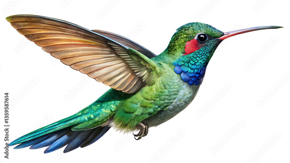 Fototapeta premium Colorful hummingbird in flight with vibrant feathers on a white background