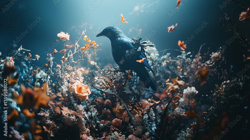 Fototapeta premium Dramatic raven perched on autumn leaves