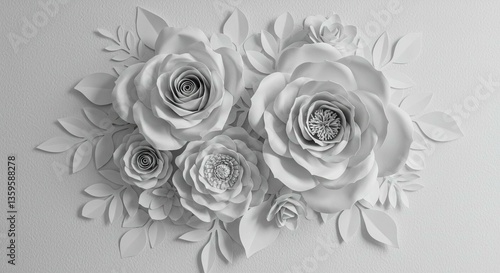 Elegant Monochrome Paper Flowers Arrangement Roses Leaves Floral Design