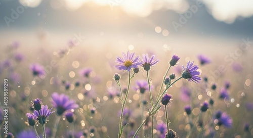 Serene Sunrise Meadow Purple Wildflowers in Soft Golden Light
