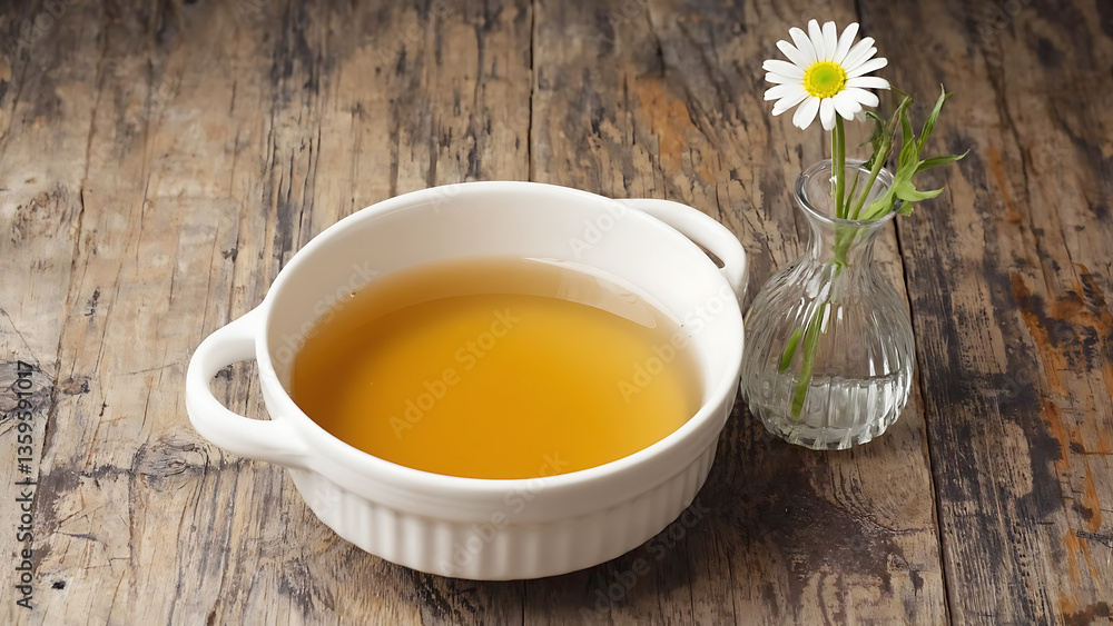 Bowl of broth with daisy on wooden table Bowl of broth with daisy on wooden table