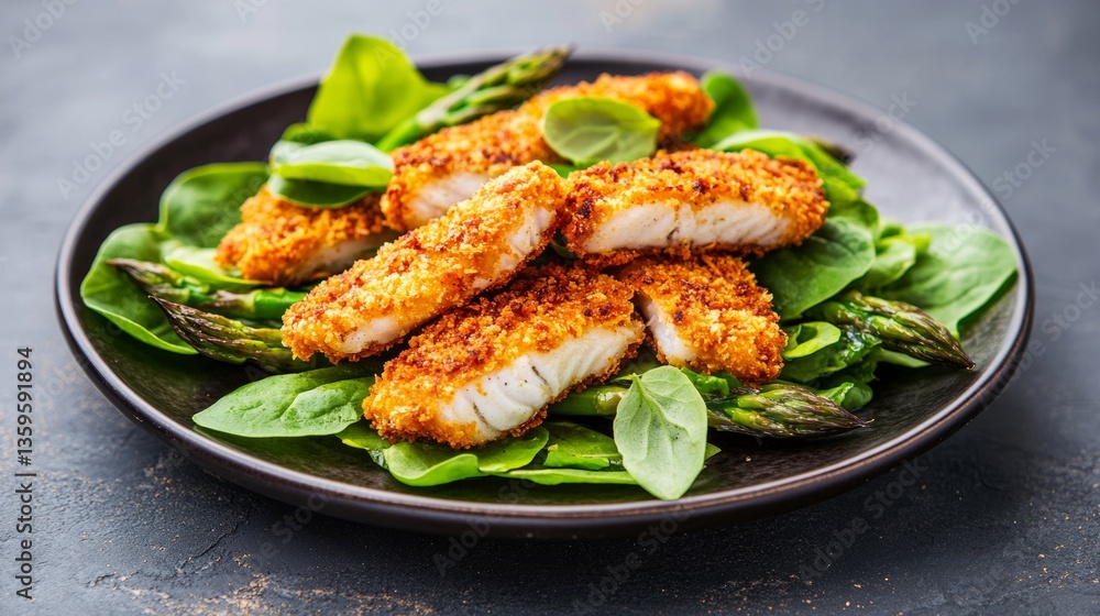 Delicious crunchy fish fillets served on a bed of fresh spinach and asparagus in a well-lit kitchen Delicious crunchy fish fillets served on a bed of fresh spinach and asparagus in a well-lit kitchen