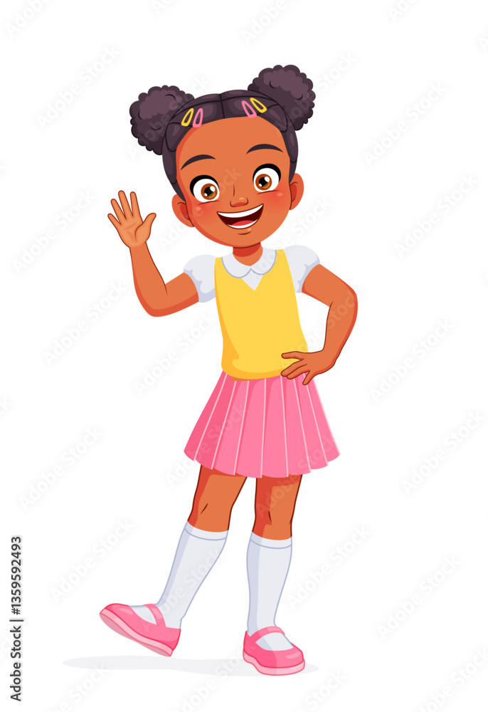 Happy African American school girl waving hand. Cartoon vector illustration. Happy African American school girl waving hand. Cartoon vector illustration.