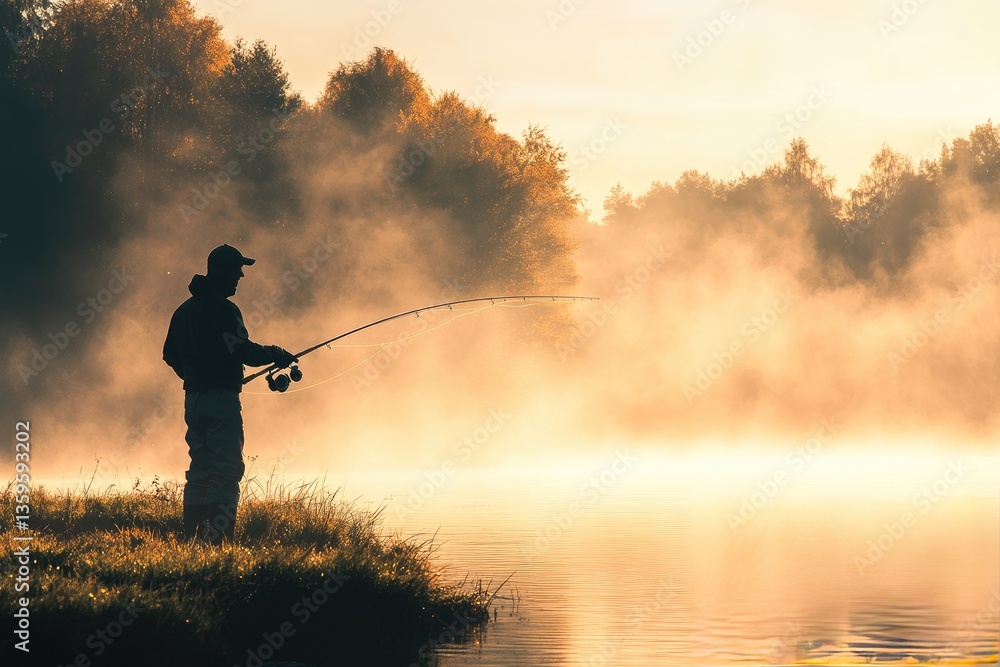Silhouette of a fisherman casting a rod in a misty morning landscape Silhouette of a fisherman casting a rod in a misty morning landscape