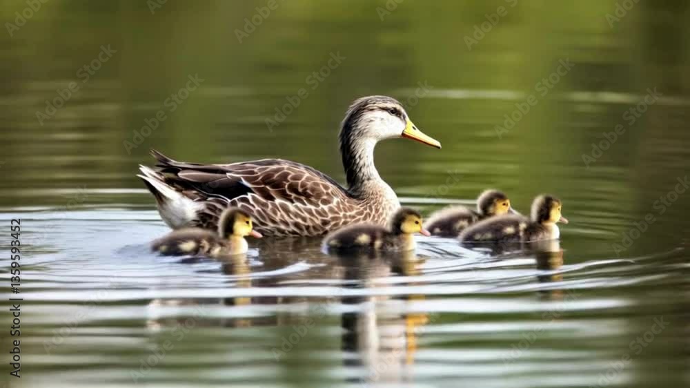 A mother duck with her ducklings, leading them across a pond as they follow closely behind, showcasing a heartwarming moment of family bonding in nature A mother duck with her ducklings, leading them across a pond as they follow closely behind, showcasing a heartwarming moment of family bonding in nature