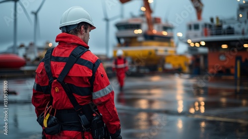 an image of a worker from the back, wearing red and black work clothes, including a white hard hat and boots. He is standing and looking to the right. He is walking on an outdoor industrial surface
