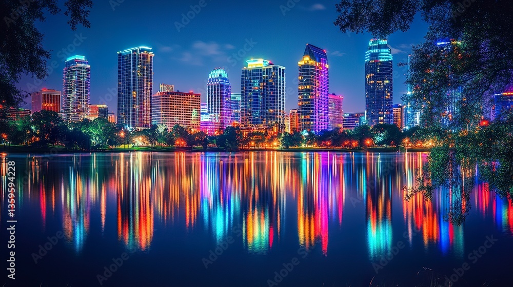Vibrant city skyline glowing at night, skyscrapers lit with colorful lights, reflections shimmering on a calm river, wide-angle shot, moody urban ambiance. Vibrant city skyline glowing at night, skyscrapers lit with colorful lights, reflections shimmering on a calm river, wide-angle shot, moody urban ambiance.