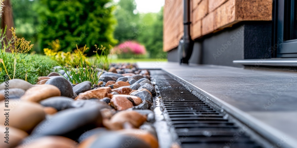 Detail of a modern landscape design featuring a drainage system with pebbles and plants near a contemporary building