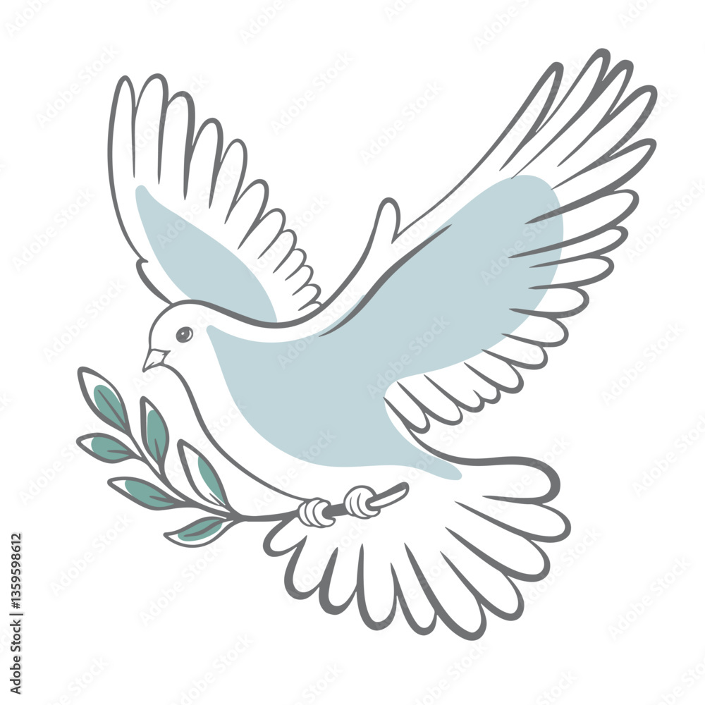 Obraz premium Pigeon Dove olive peace. Flying dove of peace pigeon doodle outline logo drawing. Dove for greeting blue background, colorless, monochrome
