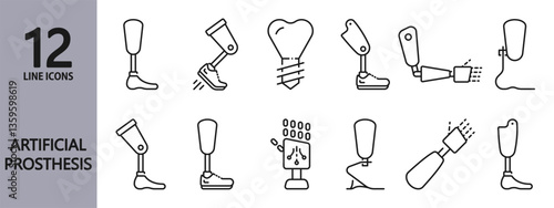 Artificial Prosthesis line icons set with Limb, Bionic, Implant, Foot and more. Editable Stroke