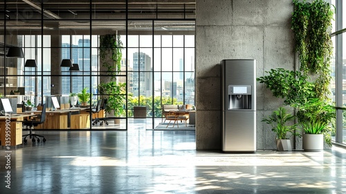Modern office water cooler in a stylish startup workspace with greenery