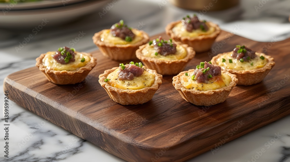 Delicious Mini Quiches with Anchovy Topping on Wooden Board Delicious Mini Quiches with Anchovy Topping on Wooden Board