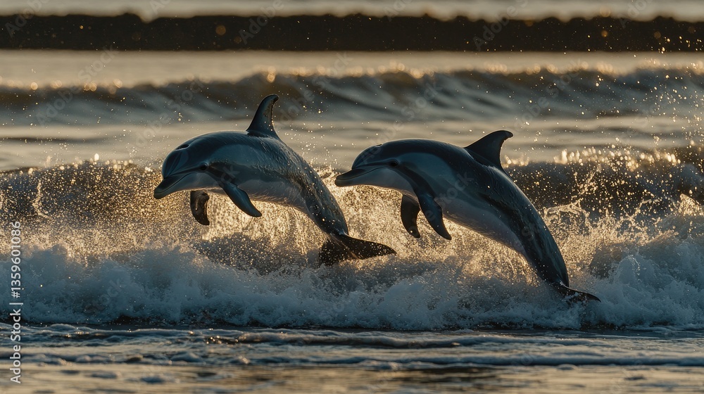 Obraz premium A wide-angle shot of dolphins playfully leaping in the golden light of dusk, their bodies casting long shadows on the waves