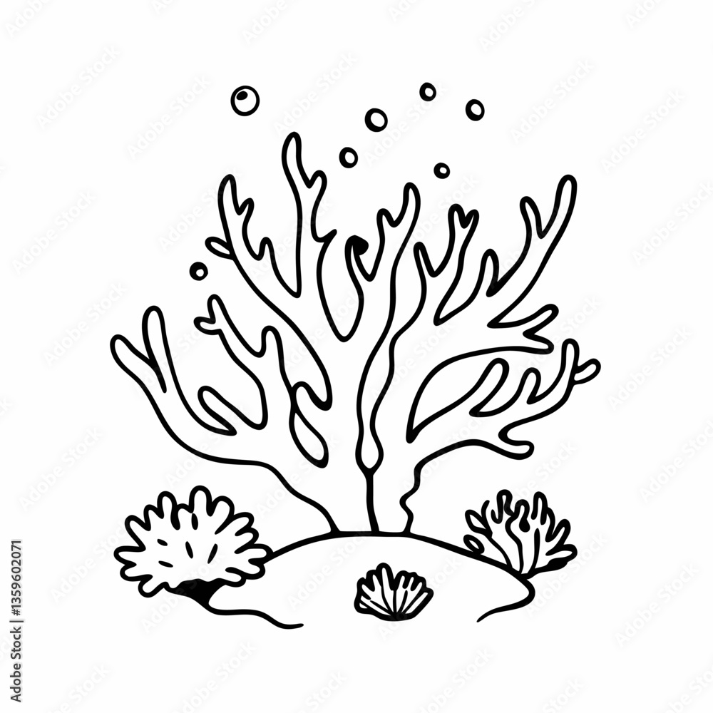 Hand Drawn Coral Illustration Marine Life in Black and White Line Art Hand Drawn Coral Illustration Marine Life in Black and White Line Art