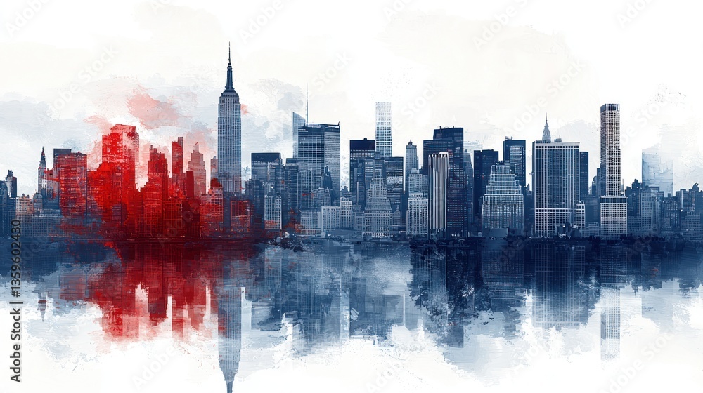 Obraz premium Watercolor Cityscape: Urban Reflections in Red and Blue Artistic Palette