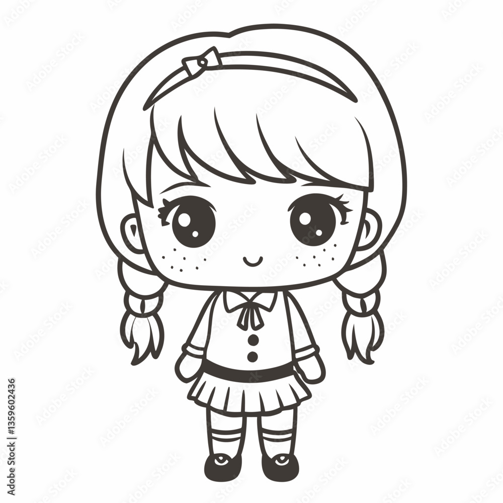 Cute Chibi Girl Illustration in Black and White with Pigtails and Uniform