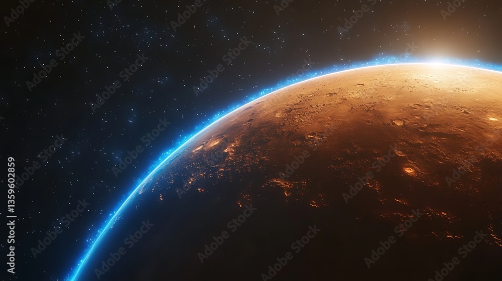 Naklejka premium Planet with Glowing Atmosphere and Stars, A stunning view of a planet's surface with a glowing atmosphere and distant stars