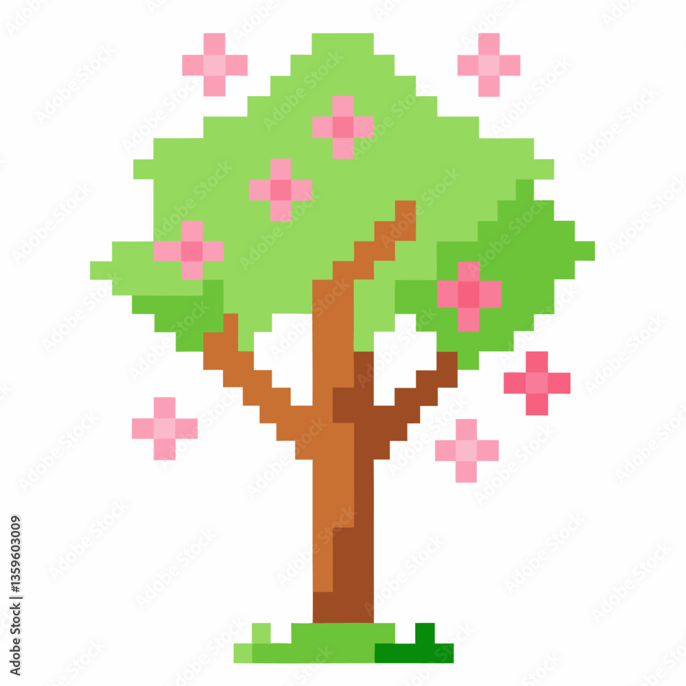 Obraz premium Pixel Art Spring Tree with Blossoms Retro Digital Nature Illustration
