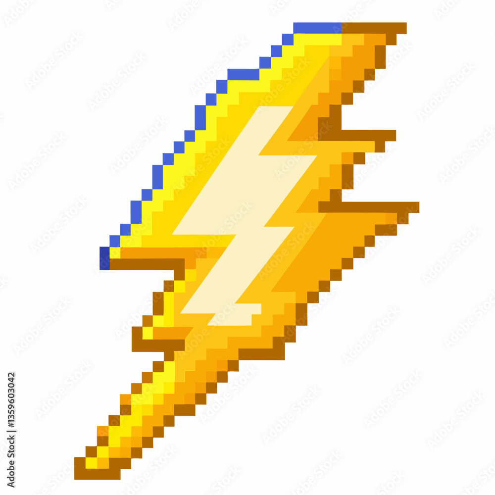 Fototapeta premium Pixel Art Yellow Lightning Bolt Icon, Retro 8 bit Style, Isolated on White Background