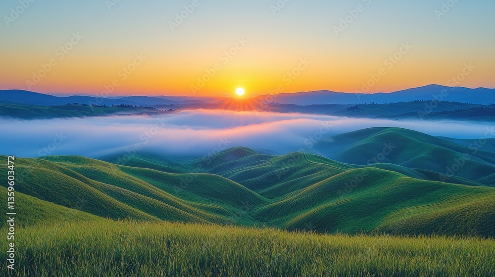Fototapeta premium Breathtaking Sunrise Over Rolling Hills in Serene Landscape
