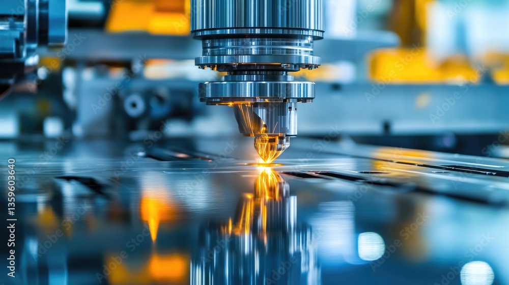Heavy-duty metal stamping press shaping sheet metal on a reflective steel surface, creating precise industrial components Heavy-duty metal stamping press shaping sheet metal on a reflective steel surface, creating precise industrial components