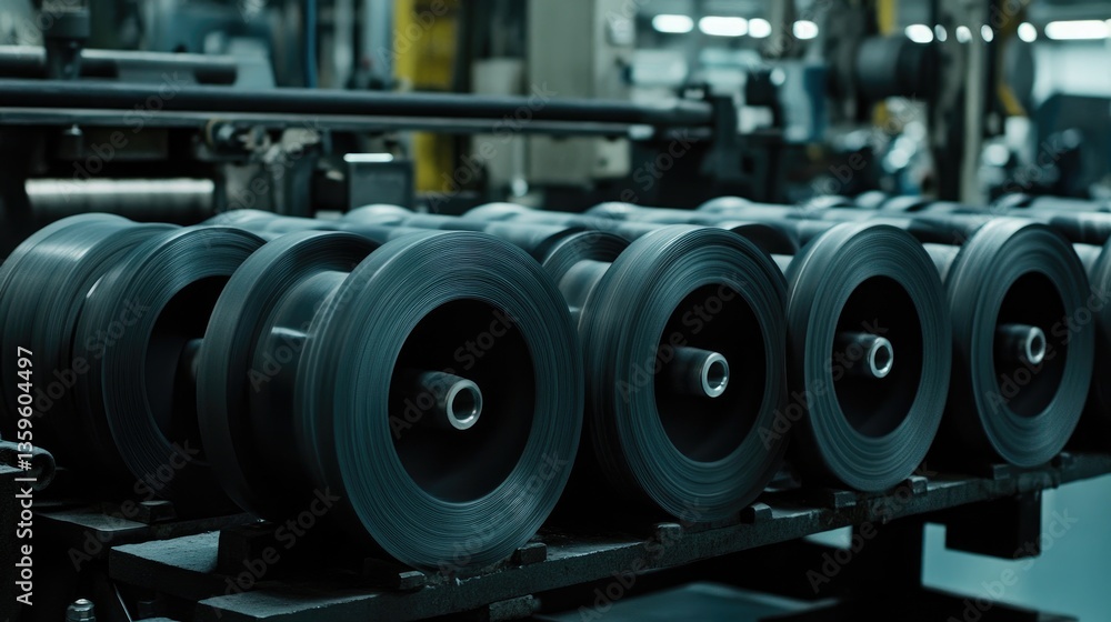 Industrial rollers used for pressing and flattening rubber, arranged in a well-lit dark matte processing environment Industrial rollers used for pressing and flattening rubber, arranged in a well-lit dark matte processing environment