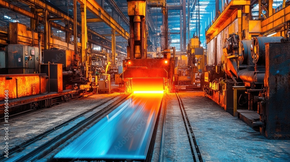 Obraz premium Metal stamping factory, automated machinery shaping sheet metal with high precision, reflective steel background