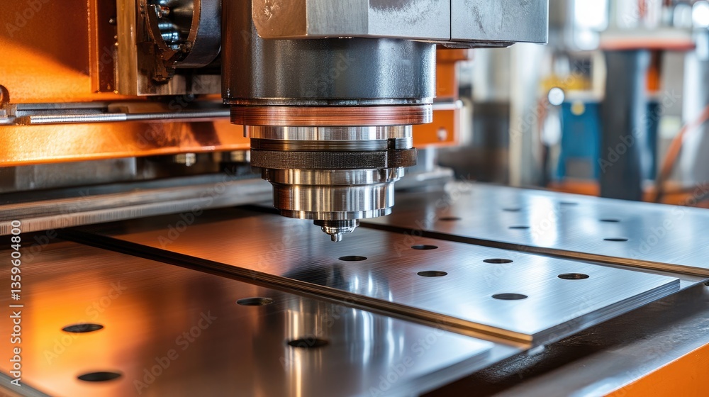 Metal stamping press applying immense force to shape steel sheets, polished metallic reflections in the background Metal stamping press applying immense force to shape steel sheets, polished metallic reflections in the background