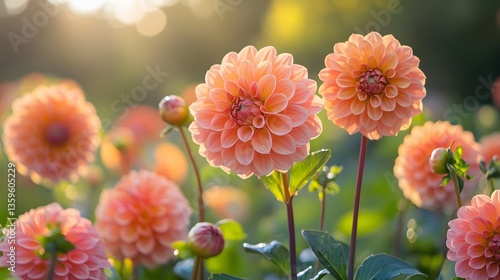 Vivid pink and orange flowers bloom in a sunlit garden, surrounded by lush greenery and morning dew, radiating a cheerful spring vibe with soft natural bokeh.