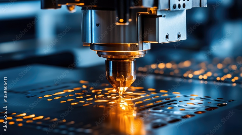 Robotic precision metal stamping machine pressing intricate designs into sheet metal, polished industrial backdrop enhancing depth Robotic precision metal stamping machine pressing intricate designs into sheet metal, polished industrial backdrop enhancing depth