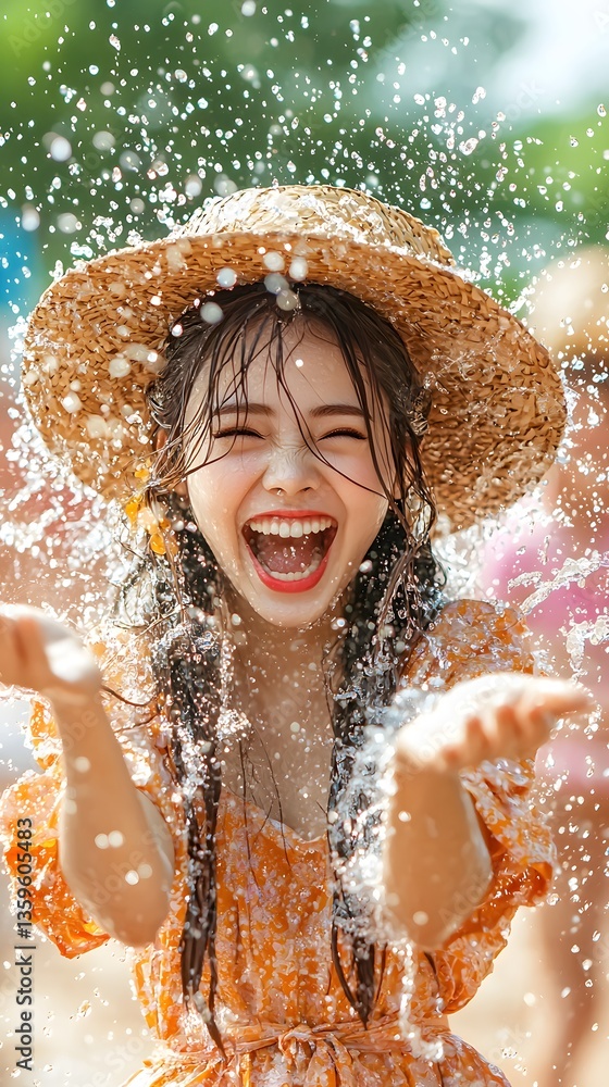 Obraz premium A young radiant girl exuding pure joy and enthusiasm as she delightfully splashes in the water on a sunny summer day embodying the carefree spirit of the season