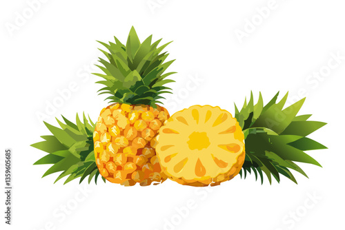 una piña y otra partida por la mitad, fondo blanco, realista, estilo 4k