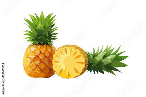 una piña y otra partida por la mitad, fondo blanco, realista, estilo 4k
