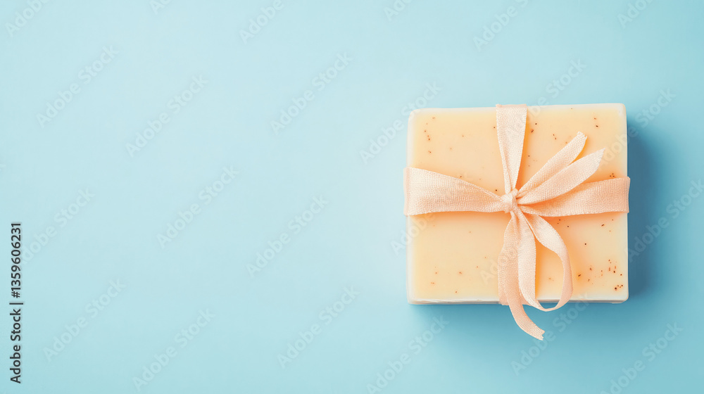 A bar of soap, elegantly tied with a ribbon, sits on a light blue background. A bar of soap, elegantly tied with a ribbon, sits on a light blue background.