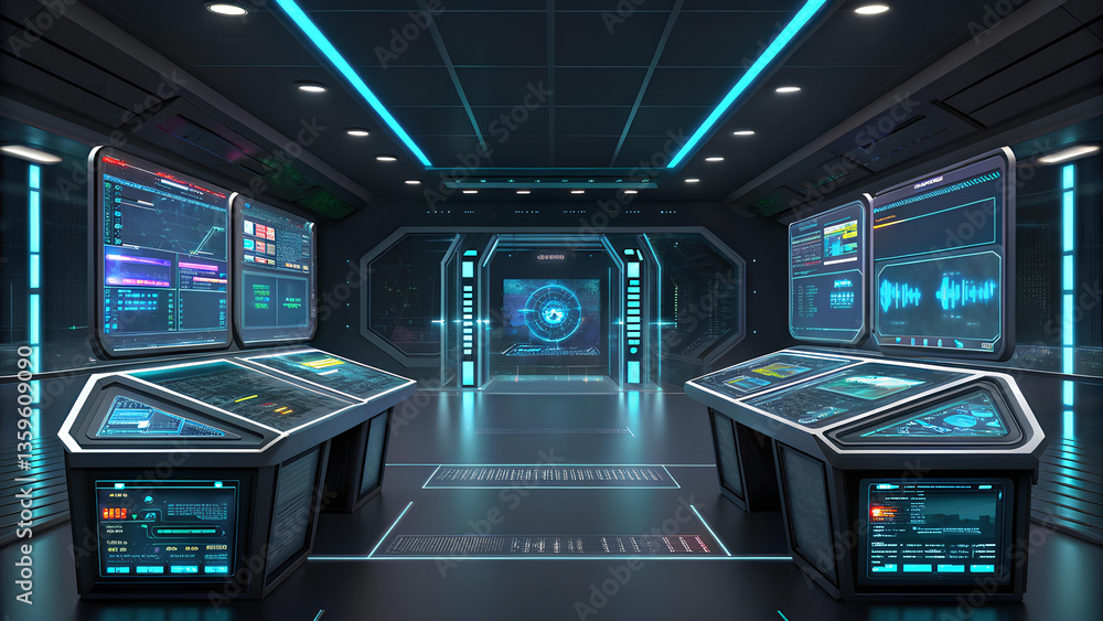 Obraz premium hitech background futuristic hitech control room with glowing screens and sleek background creates immersive atmosphere for innovation